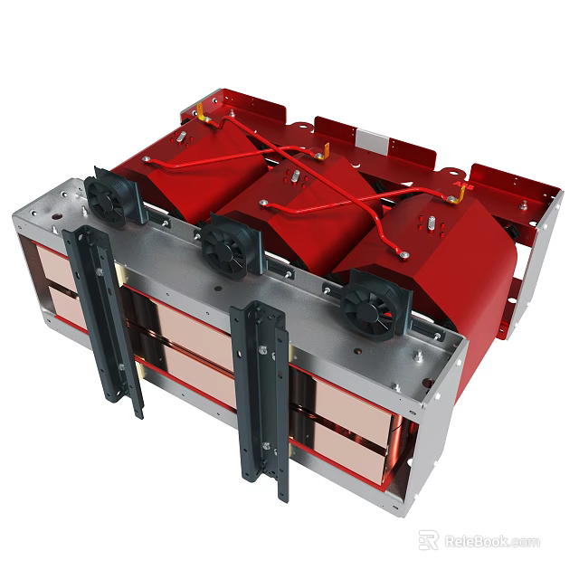 Industrial Electrical Equipment with Red Modules Black Connectors and Copper Elements in Metal Frame 3d model 