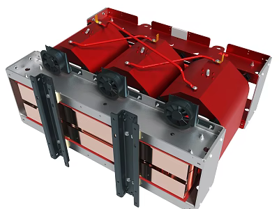 Industrial Electrical Equipment with Red Modules Black Connectors and Copper Elements in Metal Frame 3d model