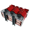 Industrial Electrical Equipment with Red Modules Black Connectors and Copper Elements in Metal Frame