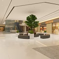 Shopping Mall Atrium With Glass Skylight Blue Sky White Clouds Multiple Floors Glass Railings Shops