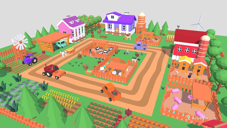 Colorful Cartoon Farm Scene Featuring Houses Barn Trees Animals Trucks Fences And Crops 3d model 