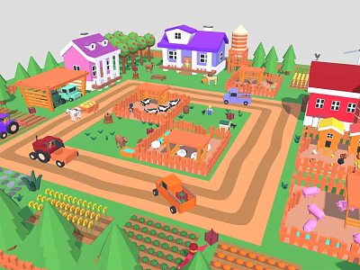 Colorful Cartoon Farm Scene Featuring Houses Barn Trees Animals Trucks Fences And Crops 3d model