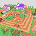 Colorful Cartoon Farm Scene Featuring Houses Barn Trees Animals Trucks Fences And Crops