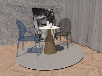 Table and Chair Set with Round White Tabletop Golden Cone Base Transparent Blue Gray Armchairs 3d model