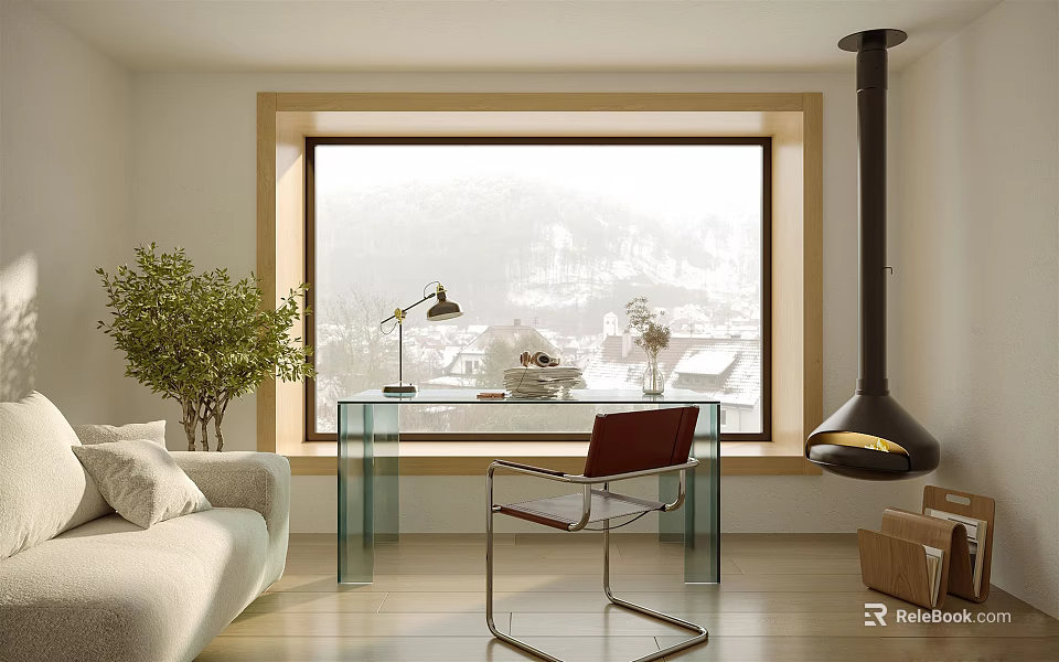 Bright Study Room Interior With Glass Desk Red Chair Green Plant And Mountain View Through Window 3d model 