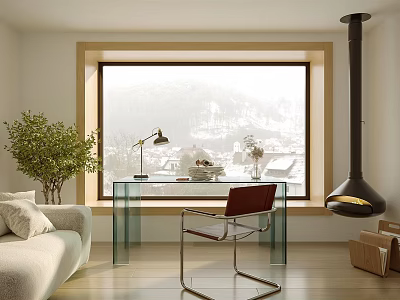 Bright Study Room Interior With Glass Desk Red Chair Green Plant And Mountain View Through Window 3d model