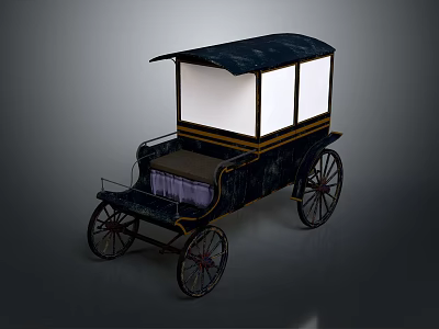 Vintage Horse Drawn Carriage With Dark Blue Roof White Window Panels And Black Spoked Wheels 3d model