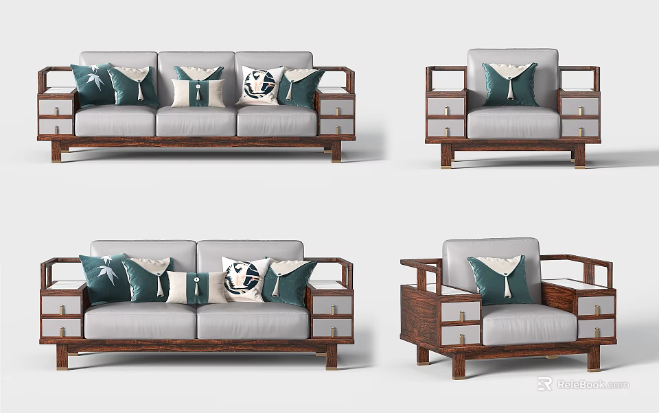 Modern Wooden Frame Sofa Set With Light Gray Cushions And Green White Patterned Pillows 3d model