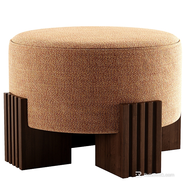 Round Light Brown Fabric Ottoman With Modern Wooden Support Legs For Living Room Decor 3d model 