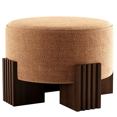 Round Light Brown Fabric Ottoman With Modern Wooden Support Legs For Living Room Decor 3d model