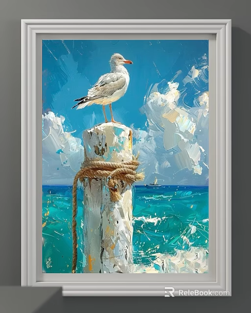 Vibrant Coastal Landscape Painting With Seagull On Rope Tied Wooden Post And Blue Ocean Sky 3d model 