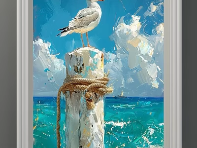 Vibrant Coastal Landscape Painting With Seagull On Rope Tied Wooden Post And Blue Ocean Sky 3d model