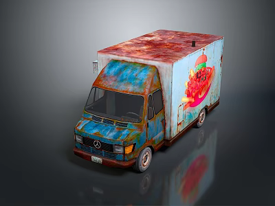 Old Food Truck With Rusty Roof And Colorful Graffiti FOOD Illustration 3d model