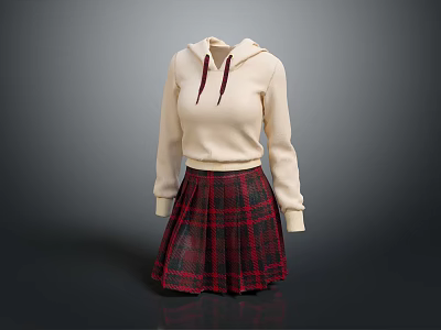 Cream Colored Hoodie With Drawstrings And Red Black Plaid Pleated Skirt 3d model