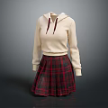Cream Colored Hoodie With Drawstrings And Red Black Plaid Pleated Skirt 3d model