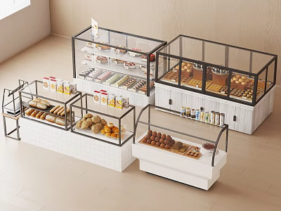 Modern Bakery Display Cabinets With Glass Doors White Black Frames And Pastry Bread Items 3d model