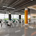 Modern Clubhouse Interior With Pool Table Orange Pillars And Glass Brick Wall