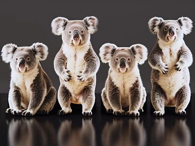 Four Reptiles Standing And Sitting On Dark Background With Reflective Surfaces 3d model