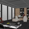Modern Office Interior Design With Large Windows White Sofa Red Chair And Wooden Bookshelves