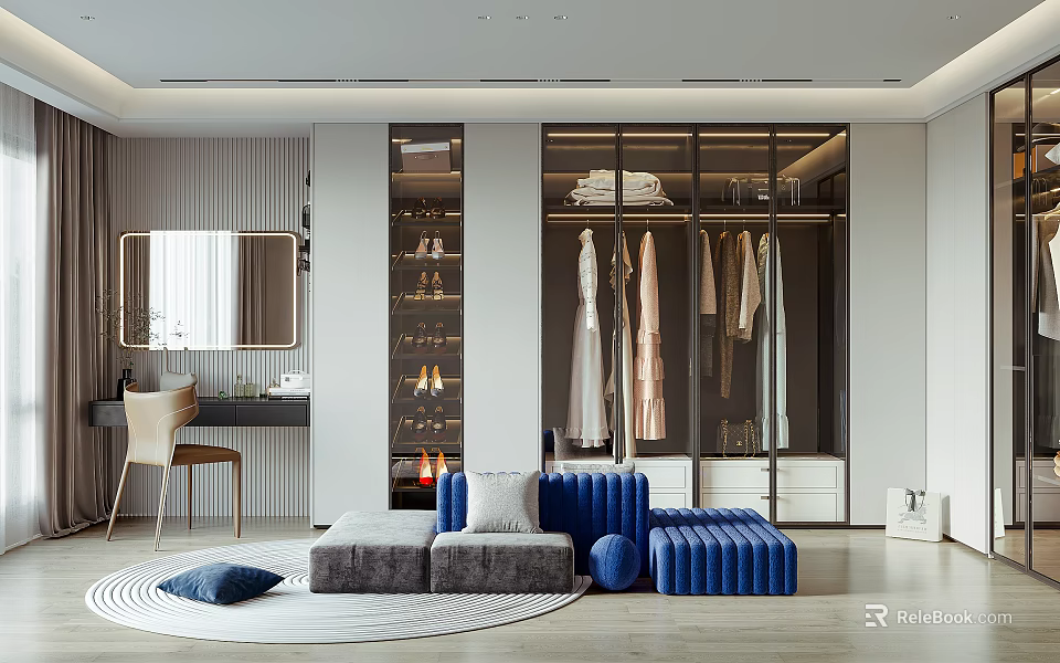 Modern Walk-in Closet Interior Design With Glass Door Wardrobe Hanging Clothes Shoes And Seating Area 3d model 