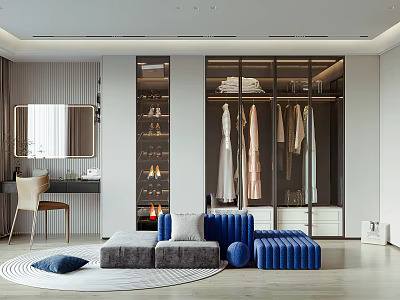 Modern Walk-in Closet Interior Design With Glass Door Wardrobe Hanging Clothes Shoes And Seating Area 3d model