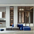 Modern Walk-in Closet Interior Design With Glass Door Wardrobe Hanging Clothes Shoes And Seating Area