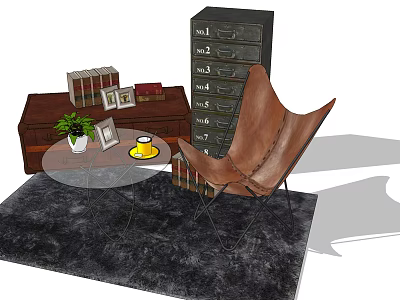 Brown Leather Leisure Chair With Round Glass Coffee Table Green Plant And Wooden Cabinet 3d model
