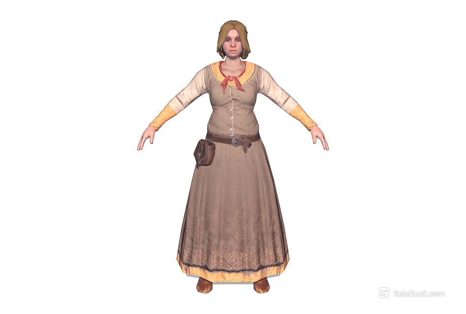 Female Character Wearing Brown Long Dress Beige Sleeves Belt Waist Pouch And Red Bow 3d model 