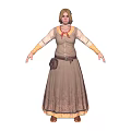 Female Character Wearing Brown Long Dress Beige Sleeves Belt Waist Pouch And Red Bow