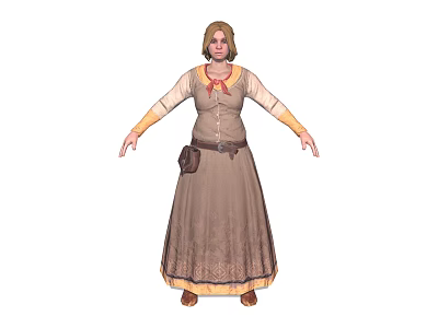 Female Character Wearing Brown Long Dress Beige Sleeves Belt Waist Pouch And Red Bow 3d model