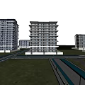 Modern High-Rise Apartment Buildings With Green Lawns Trees And People In Park Area