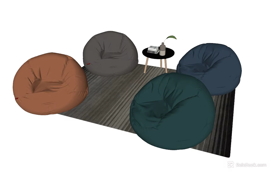 Multiple Colored Bean Bag Chairs On Striped Carpet With Small Table And Plant 3d model 