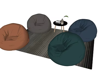 Multiple Colored Bean Bag Chairs On Striped Carpet With Small Table And Plant 3d model
