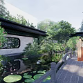 Traditional Chinese Scenic Wall Design with Lush Green Foliage Courtyard Water Feature and Stone Path