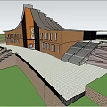 Modern Museum Building Exterior With Unique Roof Steps Entrance And Water Pool