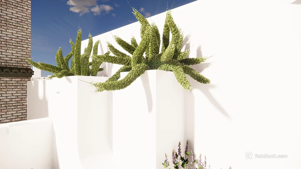 Green Bonsai Potted Plants On White Wall With Blue Sky And Purple Flowers 3d model 