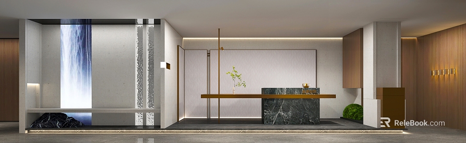Modern Reception Desk With Marble Countertop And Green Plant Decoration 3d model 