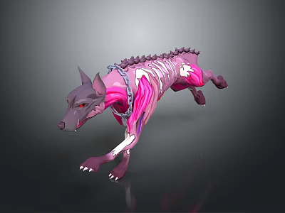 Dynamic Pink And Purple Dog With Mechanical Skeleton Running In Glowing 3d model