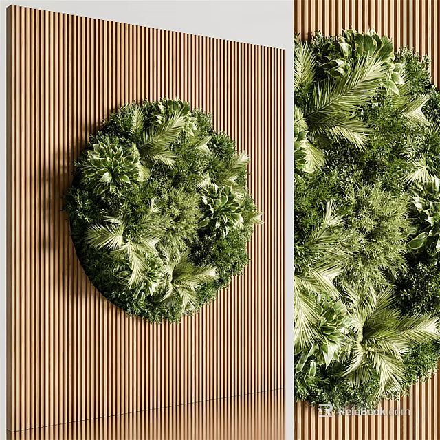 Living Plant Wall Design With Circular Greenery And Wooden Slat Background 3d model 
