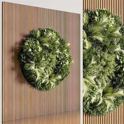 Living Plant Wall Design With Circular Greenery And Wooden Slat Background 3d model