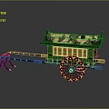 Traditional Chinese Carriage With Decorative Roof Green Orange Body And Patterned Wheels