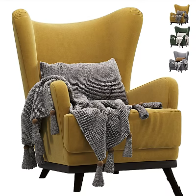 Yellow Velvet Upholstered Lounge Chair With Gray Pillow And Blanket 3d model