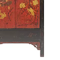Traditional Oriental Cabinet With Red Lacquer Surface Gold Floral Patterns Black Frame And Decorative Base