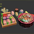 Japanese Food Display With Sushi Rolls Ramen Tempura In Wooden Tray And Bowl