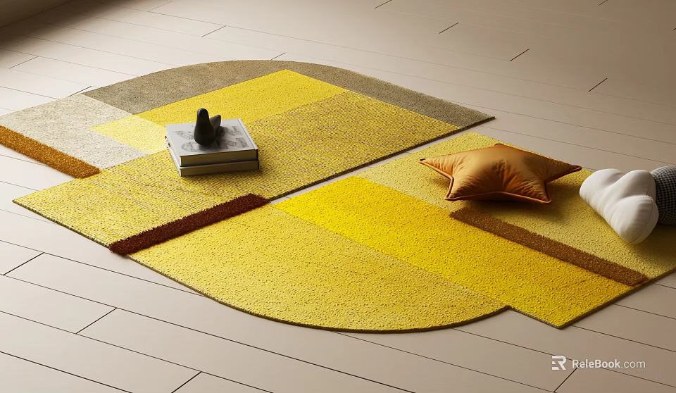 Geometric Shaped Stylish Yellow Brown Carpet with Orange Pillow and Decorative Books 3d model 
