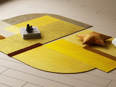 Geometric Shaped Stylish Yellow Brown Carpet with Orange Pillow and Decorative Books 3d model
