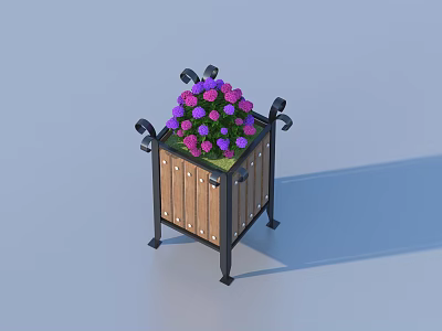 Wooden Planter Box With Black Metal Frame And Purple Pink Flowers 3d model