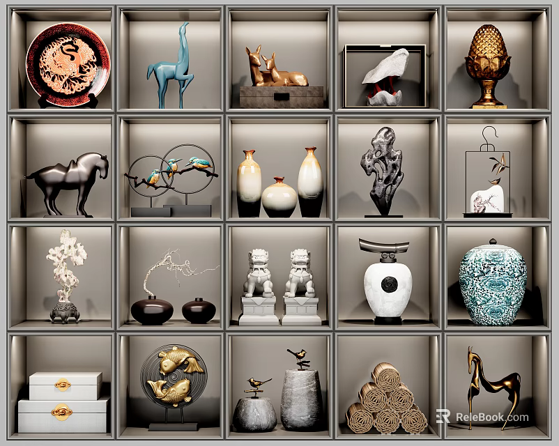 Decorative Ornament Set With Various Sculptures Vases And Animal Figures For Home Decor 3d model 
