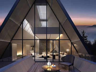 Hotel Public Lounge Area Featuring Triangle Architecture Large Glass Windows Sunset Views Cozy Seating Fireplace 3d model