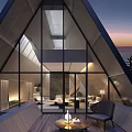 Hotel Public Lounge Area Featuring Triangle Architecture Large Glass Windows Sunset Views Cozy Seating Fireplace